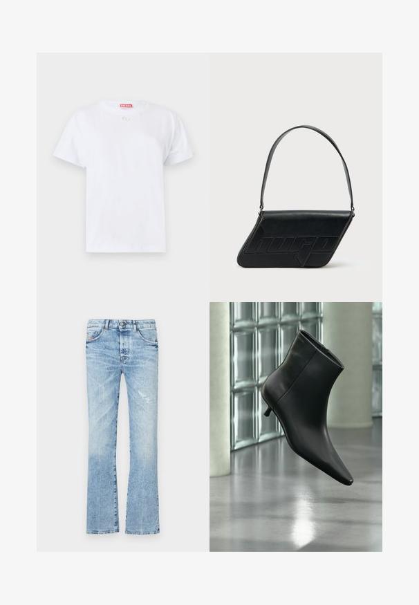 Witte katoenen t-shirt met korte mouwen, ronde hals en een klein logo op de borst. Eenvoudig ontwerp, gladde textuur en rechte zoom.; Lichtblauwe flared jeans van denim. Heeft een vervaagde wassing, een gescheurd stuk, vijf zakken en een knoopsluiting in de taille.; Zwarte leren enkellaars met spits toelopende neus en lage kittenhak, schuin weergegeven tegen een gepolijste vloer en een glazen blokken muur als achtergrond.; Zwarte leren schoudertas met een driehoekige vorm, geperst logo en een enkele verstelbare riem. Minimalistisch ontwerp met een gladde textuur.