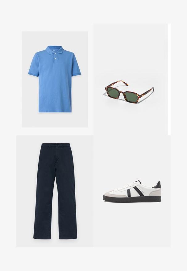 Polo bleu à manches courtes avec col, deux boutons et logo GAP discret sur la poitrine, présenté sur un fond uni.; Pantalons en coton bleu marine à jambe droite, avec une fermeture à bouton à l'avant et des passants de ceinture. Texture simple et unie, sans motifs.; Baskets blanches avec des accents noirs et gris, présentant un embout texturé gris, une semelle en caoutchouc noir et des lacets plats blancs. Design épuré, style minimaliste.; Lunettes de soleil en écaille de tortue avec des verres verts, présentant une forme octogonale et des branches minces et courbées. Le matériau a une finition brillante.