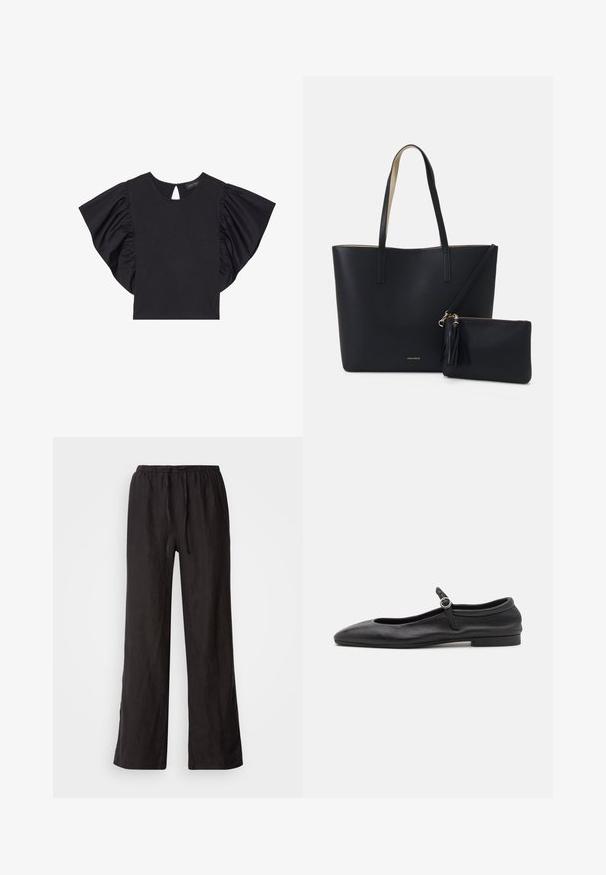 Top corto negro de manga corta con mangas rizadas dramáticas, escote redondo y detalle de abertura en la parte posterior. Material suave.; Pantalones negros, holgados, con cintura elástica y cordón ajustable. Están hechos de una tela ligera con una textura suave y pierna recta.; Bailarinas de cuero negro con punta redonda, escote estrecho y una pequeña correa en el tobillo con una hebilla circular. Suela baja y plana.; Bolsa tote negra con material texturizado, dos asas largas y un bolso con cremallera removible que cuenta con un detalle de borlas. Logo de la marca en dorado visible.