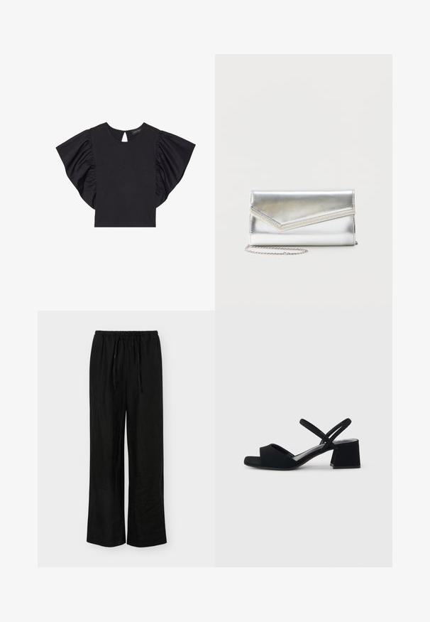 Top corto negro de manga corta con mangas rizadas dramáticas, escote redondo y detalle de abertura en la parte posterior. Material suave.; Pantalones negros de pierna ancha con cintura elástica y cordón, hechos de tela ligera, mostrados sobre un fondo blanco.; Sandalia negra de punta abierta con tacón bajo de bloque y finas correas en el tobillo sobre un fondo gris claro.; Bolso clutch plateado brillante con solapa de estilo sobre y adorno decorativo, pequeña correa de cadena plateada, sobre fondo liso claro.