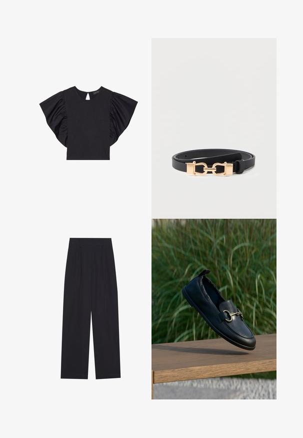 Top corto negro de manga corta con mangas rizadas dramáticas, escote redondo y detalle de abertura en la parte posterior. Material suave.; Pantalones anchos negros de tela suave, con pliegues, cinturilla plana y sin bolsillos ni adornos visibles.; Mocasín de cuero negro con detalle de hebilla metálica dorada, flotando sobre un banco de madera, con fondo de hierba verde.; Cinturón de cuero negro con tirante delgado y hebilla estilo estribo dorada, tendido sobre un fondo blanco.
