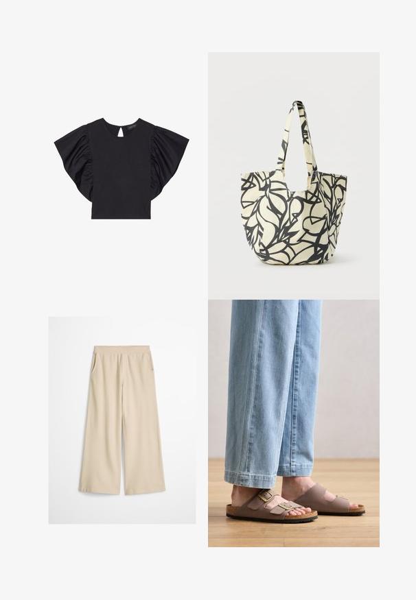 Top corto negro de manga corta con mangas rizadas dramáticas, escote redondo y detalle de abertura en la parte posterior. Material suave.; Pantalones de pierna ancha color crema con una pretina alta y sin cierres ni bolsillos visibles, mostrados sobre un fondo blanco.; Sandalias marrones de doble hebilla con suela de corcho, llevadas con jeans holgados de color azul claro. Material suave y diseño de punta abierta.; Bolsa de tela tipo tote con patrón abstracto de hojas negras sobre fondo crema y asas largas a juego con el mismo diseño.
