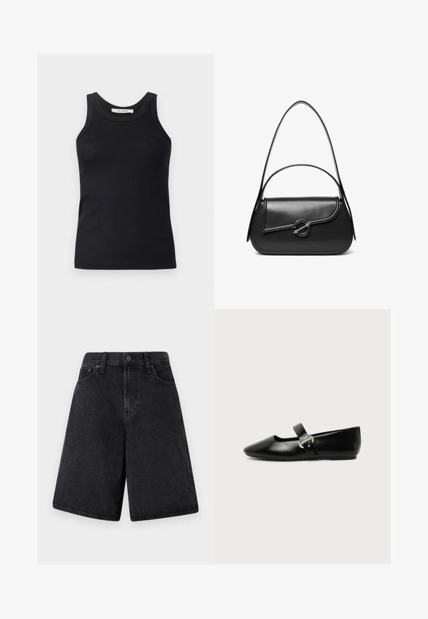 Zwarte geribbelde tanktop met een ronde halslijn en brede bandjes, gemaakt van zachte stof. Geen zichtbare patronen of hardware-details.; Zwarte denimshorts met een relaxed fit, voorzien van een hoge taille, een vijf-pocket ontwerp en een knoopsluiting aan de voorkant.; Zwarte leren Mary Jane platte schoen met een afgeronde neus en zilveren gespsluiting op een effen achtergrond.; Zwarte leren schoudertas met een gebogen klep die is bevestigd met een ronde metalen sluiting en een smalle, verstelbare band.