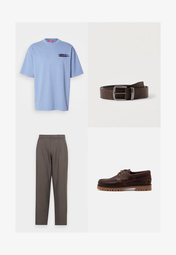Lyseblå t-shirt med korte ærmer lavet af bomuld. Har en rund halsudskæring og et sort grafisk motiv af pile på den venstre brystområde.; Jack & Jones Classic Wide Leg Fit - Bukser - pavement; Brun læder bådsko med stikninger, snørebåndsdesign og robust gummisål med bølgede mønstre for godt greb.; Mørkebrunt læderbælte med sølv rektangulært spænde, rullet og placeret mod en lys neutral baggrund.