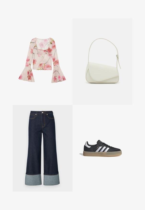 Blusa floral hecha de tela transparente, con mangas de campana, cuello con volantes, patrones de rosas rosas y un diseño ligero y aireado.; Jeans de pierna ancha fabricados en denim oscuro, con un dobladillo de denim más claro. El diseño incluye bolsillos frontales y detalles de costura en contraste.; Zapatilla deportiva de cuero negro con tres rayas plateadas, punta texturizada y suela de goma. Cuenta con un collar acolchado y un diseño con cordones.; Bolso de mano de imitación cuero blanco con una forma triangular estructurada, correa ajustable única y cierre con solapa acentuada en curva.