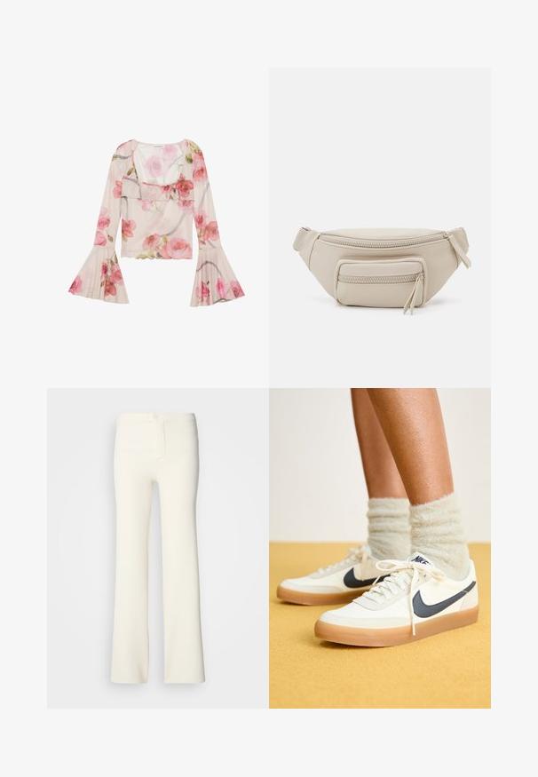 Blusa floral hecha de tela transparente, con mangas de campana, cuello con volantes, patrones de rosas rosas y un diseño ligero y aireado.; Pantalones acampanados de color crema hechos de una tela suave; cuentan con un cierre de botones y una textura lisa; diseño de cintura ajustada.; Zapatillas Nike blancas con swoosh azul marino, tejido texturizado, cordones blancos y suela de goma, combinadas con calcetines suaves de color verde claro. Fondo amarillo.; Riñonera sintética beige con forma redondeada, que presenta dos cremalleras en la parte frontal y detalles de costura texturizada. Incluye una correa ajustable.