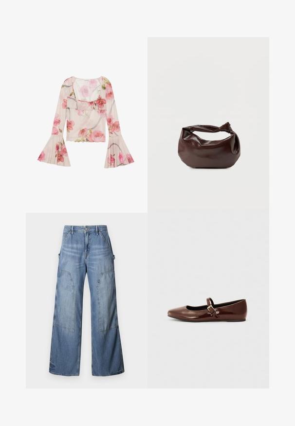 Blusa floral hecha de tela transparente, con mangas de campana, cuello con volantes, patrones de rosas rosas y un diseño ligero y aireado.; Good American GOOD EASE RELAXED - Vaqueros boyfriend - indigo; Bailarina de charol marrón con punta cuadrada y tira que presenta una pequeña hebilla dorada. Textura suave, tacón bajo y diseño minimalista.; Bolso de hombro de cuero marrón oscuro con una forma suave y caída, y un asa con nudo torcido sobre un fondo blanco liso.
