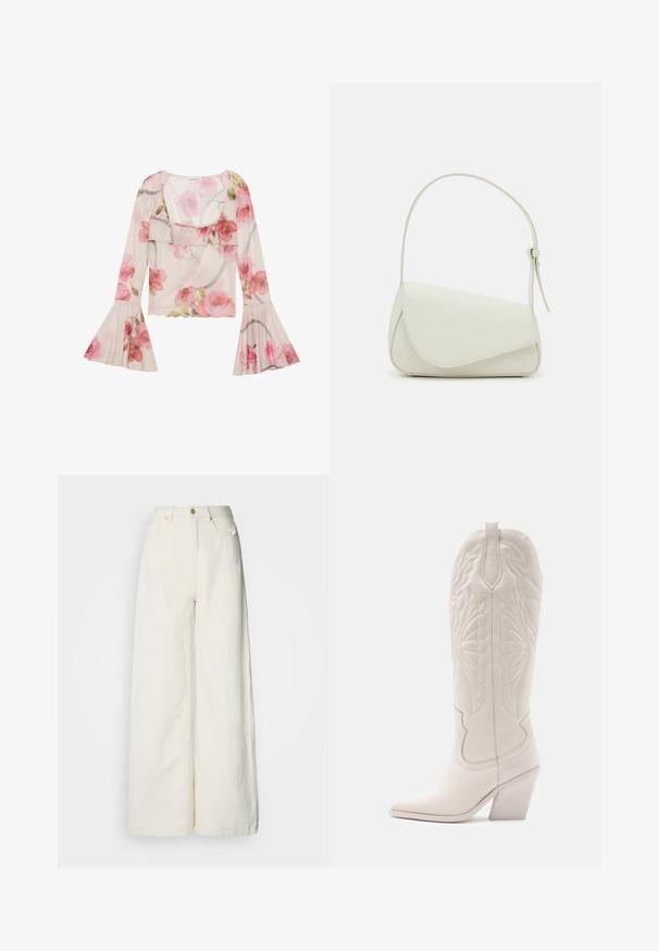 Blusa floral hecha de tela transparente, con mangas de campana, cuello con volantes, patrones de rosas rosas y un diseño ligero y aireado.; Pantalones de pierna ancha confeccionados con tela ligera en color blanco roto. Presentan cintura alta, bolsillos delanteros y cierre con botones.; Bota vaquera de cuero blanco con punta afilada y tacón bloqueado. Presenta patrones de costura intrincados en el caña y una textura suave.; Bolso de mano de imitación cuero blanco con una forma triangular estructurada, correa ajustable única y cierre con solapa acentuada en curva.