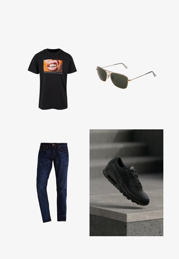 Zwarte katoenen T-shirt met een afbeelding van een open mond met gouden tanden en roze lippen, met witte tekst eronder op een kleurrijke achtergrond.; Donkerblauwe denim jeans met een slim fit, voorzien van oranje stiksels, vijf zakken en een sluiting met knopen en ritssluiting.; Zwarte Nike Air Max 90 sneaker met een combinatie van leer en mesh materialen, ronde veters en een zichtbare luchtunit in de zool.; Gouden metalen aviator zonnebril met grote donker groene lenzen, voorzien van een dunne rand en transparante neuspads voor comfort.