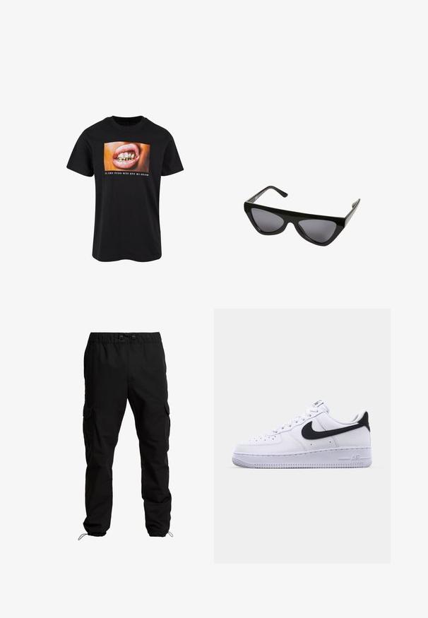 Sort bomulds t-shirt med et grafik af en åben mund med guld tænder og pink læber samt hvid tekst nedenunder på en farverig baggrund.; Sorte cargobukser lavet af slidstærkt stof, med elastisk talje, justerbare snore og sidelommer med klaplukninger.; Hvide lædersneakers med en struktureret sort Swoosh, flade snørebånd og en gummisål med et rillemønster. "AIR" er præget på hælen.; Sorte katteøje-solbriller med tykke stel og mørkt farvede linser, vist mod en hvid baggrund.