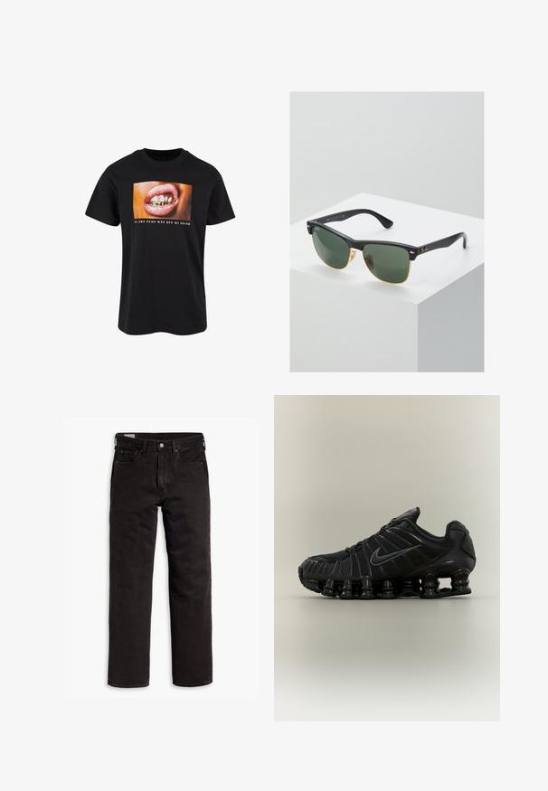 Sort bomulds t-shirt med et grafik af en åben mund med guld tænder og pink læber samt hvid tekst nedenunder på en farverig baggrund.; Sorte lige bukser i denim med fem lommer, knaplukning og bæltestropper, lagt fladt ud på en hvid baggrund.; Sort Nike løbesko med fjedrende opdelt sål, mesh-øverdel og matchende sort swoosh-logo på siden.; Ray-Ban solbriller med grønne linser, sorte plastikstel og gyldne detaljer ved kanterne. Firkantet form med mat finish.