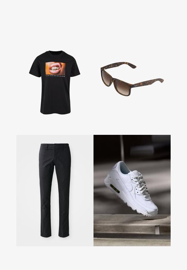 Sort bomulds t-shirt med et grafik af en åben mund med guld tænder og pink læber samt hvid tekst nedenunder på en farverig baggrund.; Sorte lige ben bukser lavet af glat stof med en enkelt knaplukning og bæltestropper. Minimalistisk design uden synlige mønstre.; Hvide lædersneakers med teksturerede overflader, polstret krave og synlig luftpolstring i sålen. Har snørrebånd og et minimalistisk design.; Skildpadde-solbriller med brune gradientlinser, rektangulær form, tykke stel og en sølvlogoaccent på siden.