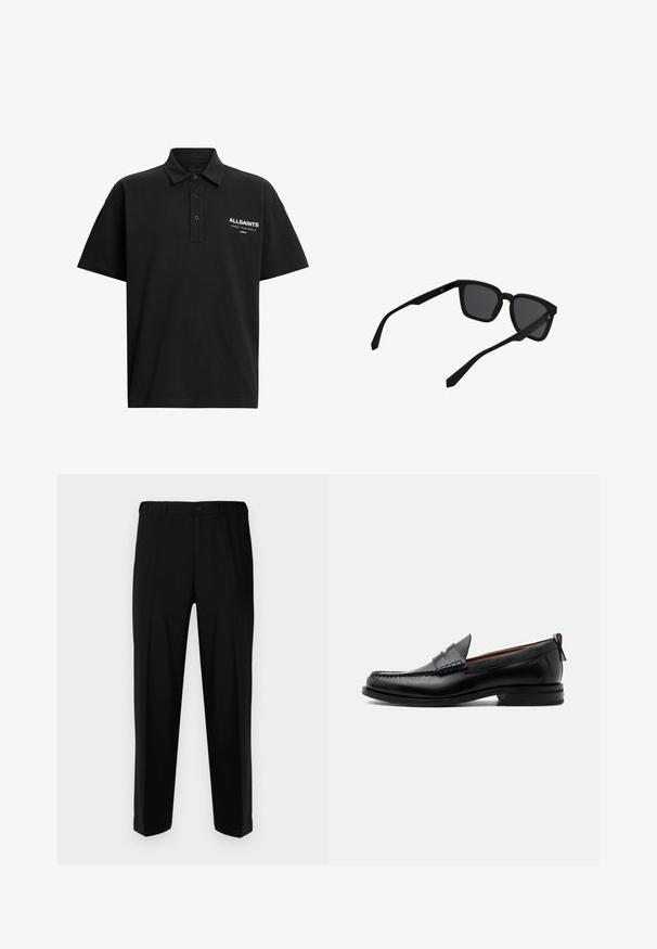 Sort polo-shirt lavet af bomuld med klassisk krave, to knapper og et trykt logo i hvidt på venstre brystområde.; Sorte bukser lavet af glat stof, med lige snit, to forlommer og lynlås med knaplukning.; Sort læder herre loafer med moc-tå syning, penny strop, struktureret krave og lav stablet hæl på hvid baggrund.; Sorte rektangulære solbriller med tykke stel og mørke linser vist i en let vinkel mod en hvid baggrund.