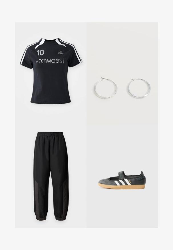 Schwarzes Kurzarmtrikot mit weißen Streifen, auf der Vorderseite ist die Nummer "10" und "+ TEAMGEIST" gestickt. Hergestellt aus einem weichen, atmungsaktiven Material.; Schwarze Sporthose aus glattem, leichtem Stoff. Mit elastischem Bund, enganliegenden Bündchen und dunkelgrauen seitlichen Einsätzen mit Logo.; Schwarze Leder- und Wildledersneaker mit einem Klettverschluss, ausgestattet mit drei weißen Streifen und einer Gummisohle, beschriftet mit "SAMBA" an der Seite.; Silberne Metallcreolen mit glatter, leicht gebogener Oberfläche und Klappverschluss vor schlicht weißem Hintergrund.