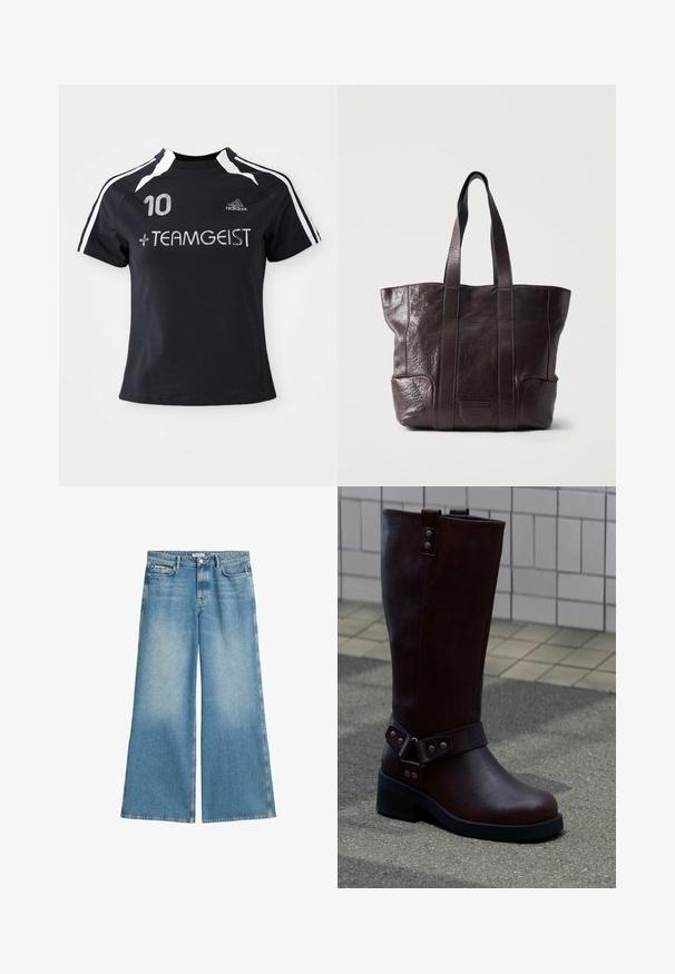 Schwarzes Kurzarmtrikot mit weißen Streifen, auf der Vorderseite ist die Nummer "10" und "+ TEAMGEIST" gestickt. Hergestellt aus einem weichen, atmungsaktiven Material.; Hellblaue Jeans mit weitem Bein aus Denim, mit einem ausgewaschenen Finish, zwei vorderen Taschen und einem standardmäßigen Knopfverschluss.; Dunkelbrauner Lederstiefel bis zur Mitte der Wade mit schwarzer Sohle und silbernen Nieten, auf einem Außenpflaster in der Nähe einer gefliesten Wand platziert.; Dunkelbraune Ledertasche mit langen Griffen und strukturierter Oberfläche, aufrecht stehend vor einem schlichten hellen Hintergrund.