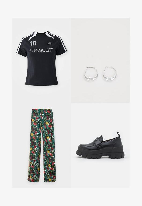 Must must sleevesega jersy, millel on valged triibud, esiküljel on broderitud number "10" ja "+ TEAMGEIST". Valmistatud pehmest ja hingavast materjalist.; Lilletrükiga püksid mustal taustal, millel on erkpunased, kollased ja rohelised lilled, elastne vöökoht ja laia säärtega lõige.; Mustast nahast loafers paksu soonilise tallaga, moc varbaõmblusega, peal rihma detail ja kandmisel tõmbekõrvaga, näidatud küljelt.; Hõbedased rõngastekäevõrud poleeritud viimistlusega ja DKNY brändimisega, esitatud lihtsa valge tausta ees.