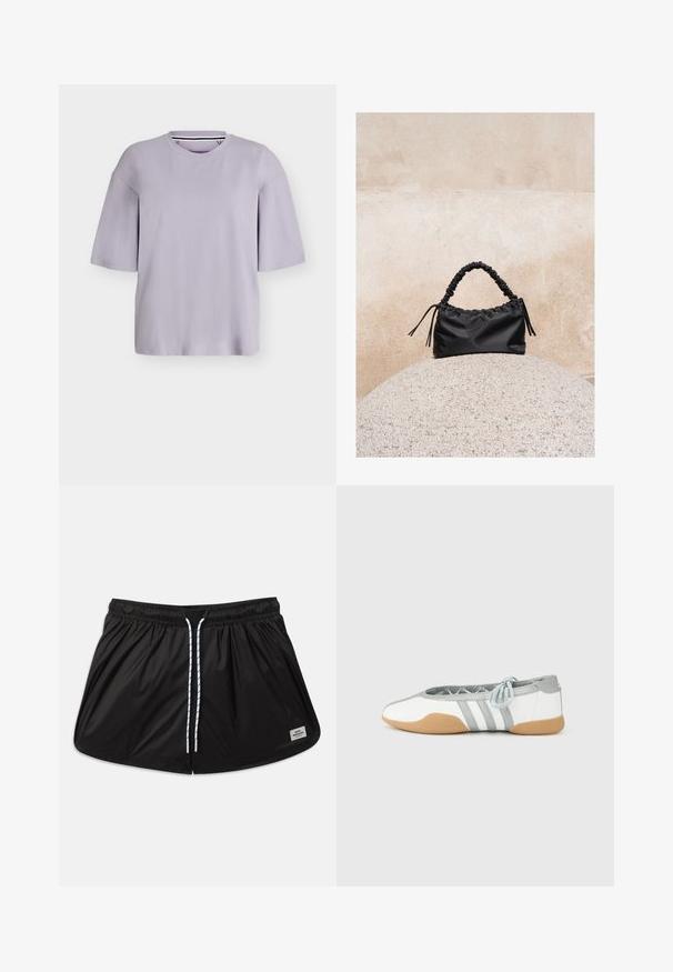 T-shirt oversize violet clair à manches courtes avec un col rond, présenté sur un fond uni clair.; Short de bain léger noir avec ceinture élastique, cordons blancs, poches latérales et une petite étiquette logo rectangulaire sur l'ourlet.; Ballerines blanches et grises avec un bout arrondi et un lacet élastique, présentant trois rayures grises, et une semelle en caoutchouc beige.; Sac à main noir froncé avec une poignée froncée, posé sur une sphère en pierre texturée devant un mur en béton beige.