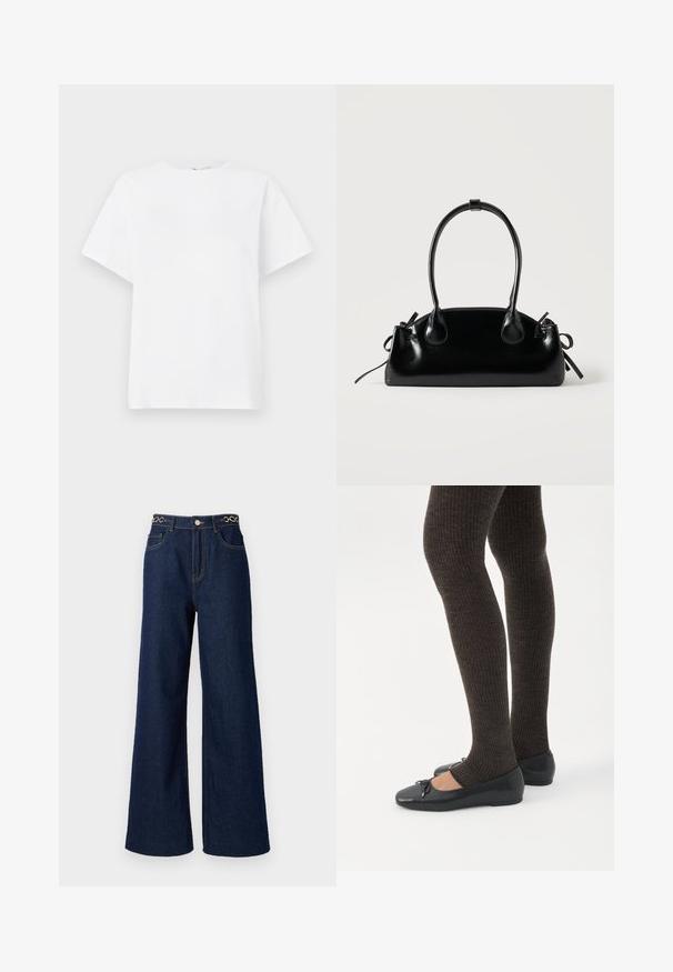 Camiseta blanca de manga corta hecha de algodón. Presenta un cuello redondeado, un corte relajado y una textura suave sin patrones ni acentos.; Los pantalones vaqueros de pierna ancha de denim azul oscuro cuentan con una cintura alta, acentos de cadena dorada en la pretina y detalles de costura en contraste a lo largo de la prenda.; Piernas con leggings oscuros acanalados combinados con bailarinas negras que presentan pequeños detalles de lazo sobre un fondo blanco.; Pequeño bolso negro brillante con dos asas largas y detalles de cordón lateral sobre un fondo claro liso.
