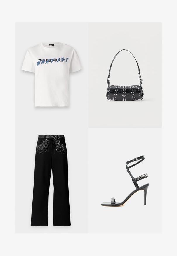 T-shirt en coton blanc à manches courtes et col rond. Comprend un graphique textuel bleu et noir avec l'inscription "LE 27 PROBLÈME ?" en lettres majuscules.; Jean noir avec une coupe large, ornés d'un motif de clous en argent dispersés sur les poches et la taille. Fabriqué en tissu denim.; Sandale noire à talon haut avec fine bride à la cheville, bride médiane décorée de maillons de chaîne argentés, et design à bout ouvert.; Sac d'épaule en cuir verni noir orné de clous argentés disposés en rangées verticales et d'un petit emblème d'oiseau argenté au centre devant.