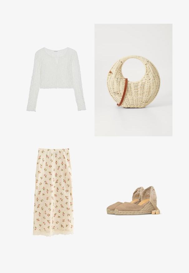 Even&Odd by Zalando T-shirt à manches longues - off white; Jupe midi de couleur crème avec motif floral de roses roses et bordure en dentelle le long de l'ourlet, coupe droite et texture lisse.; Chaussures espadrilles à compensée en toile beige avec semelles en corde tressée et liens à nouer autour de la cheville, vues de profil sur fond blanc.; Sac à main tressé rond en paille naturelle avec une finition texturée. Dispose d'une bandoulière en cuir marron lisse et d'une poignée circulaire.