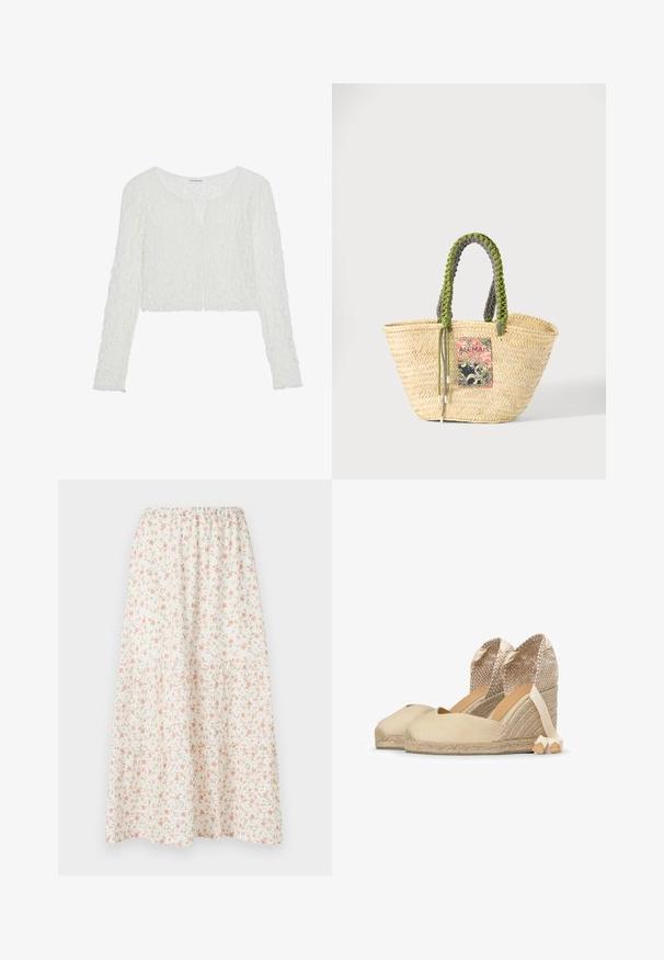 Even&Odd by Zalando T-shirt à manches longues - off white; Jupe midi florale avec un fond blanc et des fleurs roses et vertes, taille élastique et design en niveaux pour plus de volume.; Espadrilles compensées en toile beige avec talons tissés, liens à la cheville et semelles en jute tressée, posées côte à côte sur fond blanc.; Sac cabas en paille beige tissée avec des poignées tressées vertes et noires et un patch rectangulaire coloré à l'avant.