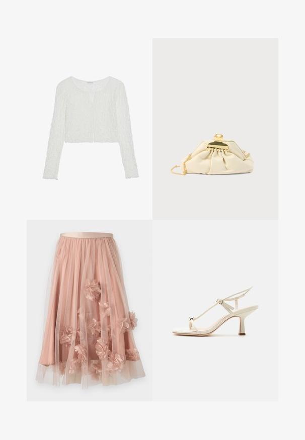 Even&Odd by Zalando T-shirt à manches longues - off white; Jupe en tulle rose pâle avec une ceinture en satin. Comprend plusieurs couches de tissu transparent et des appliqués floraux en trois dimensions sur toute la surface.; Sandale à talon haut beige avec fines lanières, boucle réglable, détail anneau d'orteil, et talon bloc effilé sur une surface plane.; Pochette couleur crème en matière douce, dotée d'un fermoir doré et d'une bandoulière chaîne, avec un design froncé sur le corps.
