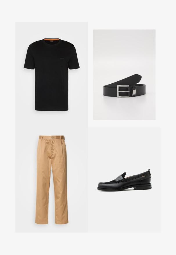 Zwarte korte mouwen t-shirt gemaakt van zachte stof, met een ronde halslijn en een subtiel logo op de voorkant. Binnenkant van de kraag heeft een oranje accent.; Khaki broek, katoenmix, recht model, voorplooien, riemlussen en knoopsluiting. Gladde textuur zonder patronen.; Zwarte leren loafer met grijs riemdetailelement, lage hak en gestructureerde zool, aan de zijkant gebrandmerkt met "HUGO" in goud.; Zwarte leren riem met een slanke, gladde textuur, voorzien van een zilveren metalen gesp en subtiele brandingdetails.