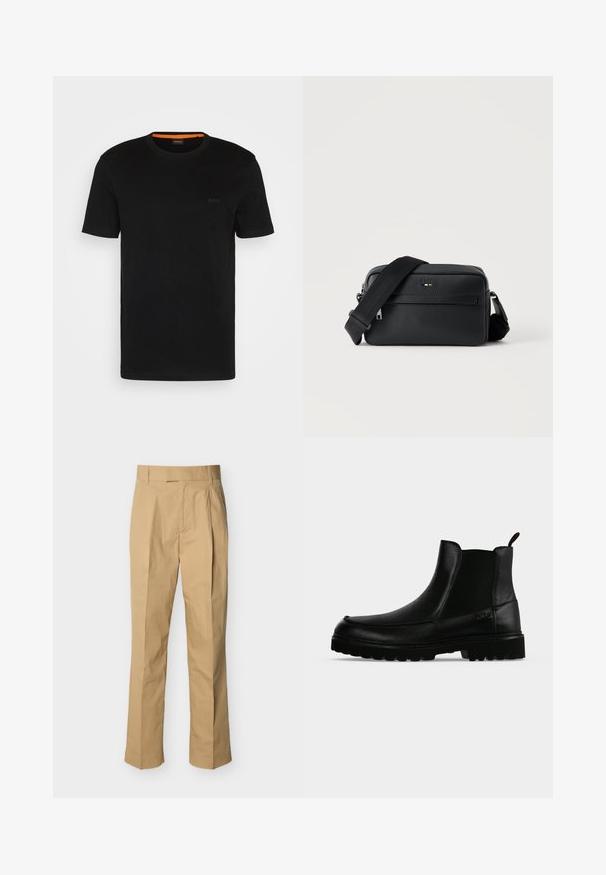 T-shirt noir à manches courtes fabriqué en tissu doux, avec un col rond et un logo discret à l'avant. Le col intérieur comporte un accent orange.; Pantalon beige en coton lisse à taille haute, avec des plis à l'avant et des jambes droites. Aucun équipement visible ni motifs.; Bottine noire en cuir avec semelle texturée, panneaux latéraux élastiques et languette de tirage sur fond gris clair.; Sac bandoulière en cuir noir texturé avec poche avant zippée et bandoulière large en tissu réglable sur fond blanc.