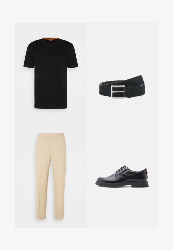 T-shirt noir à manches courtes fabriqué en tissu doux, avec un col rond et un logo discret à l'avant. Le col intérieur comporte un accent orange.; Pantalons beige ajustés avec une coupe droite, fabriqués en tissu léger, dotés de deux poches avant et de plis bien repassés.; Chaussures en cuir noir à lacets avec une texture lisse, un bout arrondi et des détails de couture discrets. Présentent une languette rouge à l'arrière.; Ceinture en suède noir avec une boucle en métal argenté, au design plat et avec des coutures contrastées le long des bords. Texture lisse dans l'ensemble.