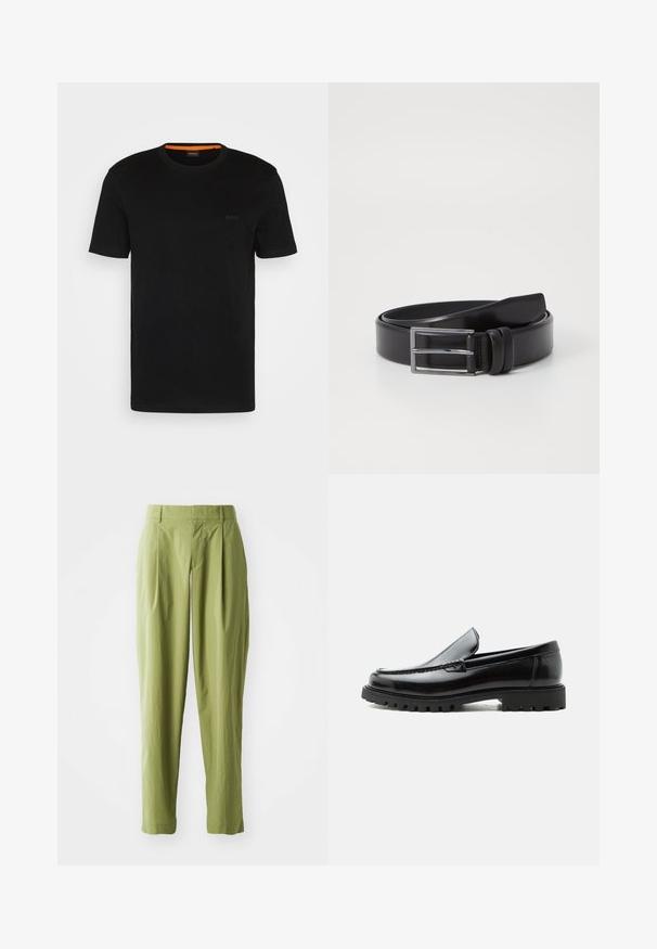 T-shirt noir à manches courtes fabriqué en tissu doux, avec un col rond et un logo discret à l'avant. Le col intérieur comporte un accent orange.; Pantalons vert clair en tissu texturé, présentant une coupe droite, des plis à l'avant et une taille standard.; Mocassin en cuir noir avec semelle en caoutchouc épaisse, dessus cousu et nom de marque embossé sur le talon, présenté de profil sur fond blanc.; Ceinture en cuir noir au toucher lisse, dotée d'une boucle rectangulaire en argent et d'un double détail de broche. Design classique et polyvalent.