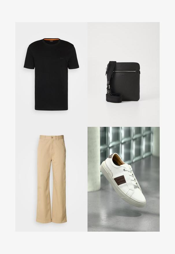 Sort kortærmet t-shirt lavet af blødt stof, med rund halsudskæring og et diskret logo på fronten. Indvendigt i kraven er der orange detaljer.; Beige, vidde bukser lavet af en bomuldsblanding. Har en knaplukning og bæltestropper. Glat tekstur med minimale syninger.; Hvid lædersneakers med brun vævet detalje, der har runde snørebånd, en tekstureret gummisål og minimalistiske designelementer.; Sort læder crossbody taske med en tekstureret overflade, lynlåslomme foran og en justerbar stofrem. Enkel firkantet design.