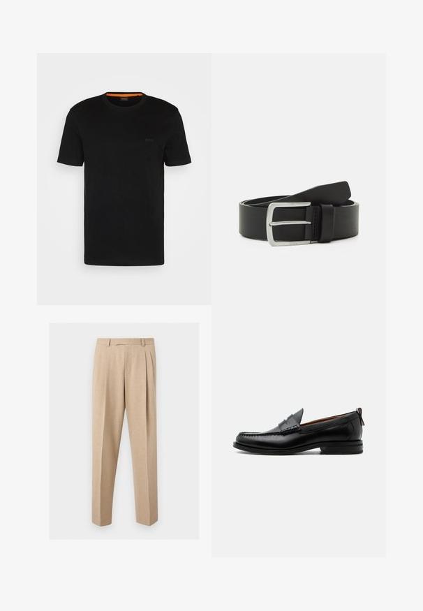 Schwarzes, kurzärmeliges T-Shirt aus weichem Stoff, mit rundem Ausschnitt und einem dezenten Logo auf der Vorderseite. Der Innensaum hat einen orangefarbenen Akzent.; Beige maßgeschneiderte Hosen mit vorderen Falten, Gürtelschlaufen und geraden Beinen, vor einem schlichten hellen Hintergrund präsentiert.; Schwarzer Leder-Herrenschuh mit Mokassinnaht, Penny-Riemen, strukturiertem Kragen und niedrigem gestapeltem Absatz auf weißem Hintergrund.; Schwarzer Leder-Gürtel mit glatter Textur, silberner Metallschnalle und einer einzelnen Schlaufe zur Anpassung. Verfügt über ein sauberes, klassisches Design.