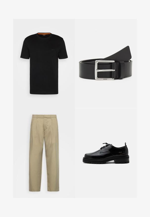 T-shirt noir à manches courtes fabriqué en tissu doux, avec un col rond et un logo discret à l'avant. Le col intérieur comporte un accent orange.; Pantalons beiges taille haute avec une coupe droite, présentant un devant plat, des poches latérales et un tissu lisse au toucher.; Chaussure en cuir noir poli à lacets, semelle en caoutchouc épaisse et talon bas, texte de marque "SAMSOE" sur le côté et languette arrière.; Ceinture en cuir noir avec une boucle rectangulaire en argent, dotée d'un logo discret et d'une texture lisse. Les extrémités se terminent en rondeur.