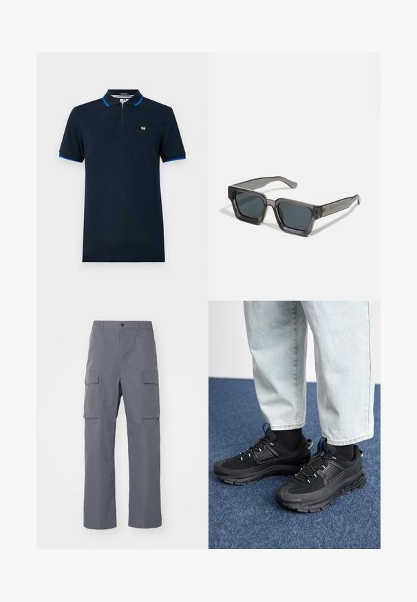 Polo de color azul marino hecho de tejido suave, con cuello con cremallera, mangas cortas con acentos azules y un pequeño logo en el pecho.; Pantalones cargo grises hechos de una tela duradera. Las características incluyen una cinturilla elástica, dos grandes bolsillos laterales y un corte recto.; Zapatillas deportivas negras con tejido texturizado y suelas de goma, con cordones elásticos y un acento azul en el talón. Combinadas con pantalones de mezclilla claros.; Jack & Jones JACPETER SUNGLASSES UNISEX - Gafas de sol - grey