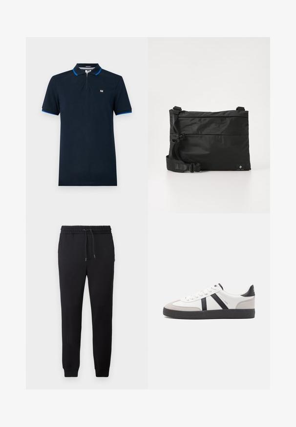 Marineblauwe polo-shirt van gladde stof, met een ritskraag, korte mouwen met blauwe accenten en een klein logo op de borst.; Zwarte joggingsbroek met een elastische tailleband met trekkoord, slim fit boorden en zachte stof. Eenvoudig, minimalistisch ontwerp zonder patronen of accenten.; Witte sneaker met zwarte en grijze accenten, voorzien van een grijze neus met textuur, zwarte rubberen zool en platte witte veters. Schoon ontwerp, minimalistische stijl.; Zwarte nylon boodschappentas met verstelbare riem, plat ontwerp en een zijlabel met een logo. Soepele textuur en minimalistische stijl.
