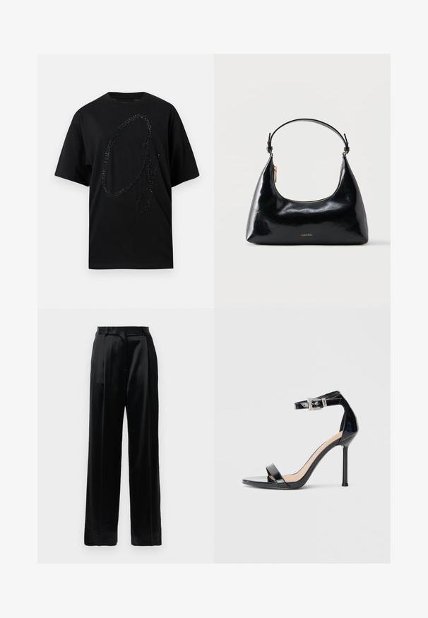 T-shirt noir en coton, avec un grand graphisme pailleté noir scintillant en forme de "G" stylisé. Manches courtes, coupe décontractée.; Pantalons en satin noir taille haute avec jambes larges droites, passants de ceinture et fermeture plates sur un fond blanc uni.; Sandale à talon haut en cuir verni noir avec bride à la cheville. Présente un design minimaliste, un bout ouvert et une boucle ornée de strass.; Sac à main Calvin Klein noir brillant avec fermeture éclair dorée et anse courte sur fond blanc uni.