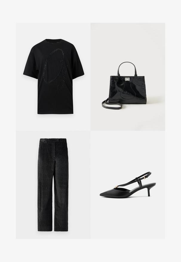 T-shirt noir en coton, avec un grand graphisme pailleté noir scintillant en forme de "G" stylisé. Manches courtes, coupe décontractée.; Pantalons larges noirs texturés avec un tissage prononcé, dotés de plis à l'avant et d'une taille plate. Design classique pour la polyvalence.; Escarpin slingback en cuir noir à petit talon kitten, bout pointu, fine bride en T, boucle réglable et petite décoration dorée sur la bride.; Sac à main en cuir verni noir avec poignées arrondies, bandoulière détachable et fermeture à boucle argentée sur fond blanc uni.