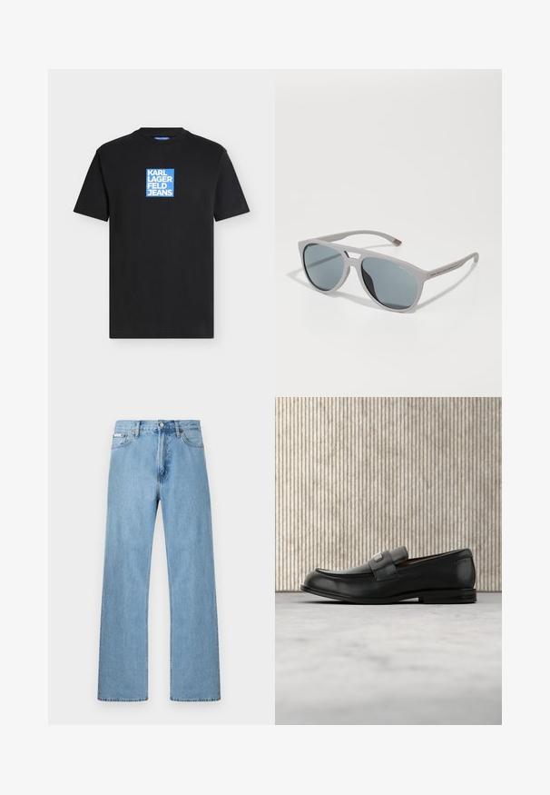 Μαύρο κοντομάνικο T-shirt με στρογγυλή λαιμόκοψη και μπλε τετράγωνο λογότυπο "KARL LAGERFELD JEANS" στο κέντρο του στήθους.; Ανοιχτό μπλε τζιν παντελόνι με ίσια γραμμή, πέντε τσέπες και κλείσιμο με κουμπί στη μέση, παρουσιάζεται σε απλό φόντο.; Μαύρο δερμάτινο μοκασίνι με μεταλλική πλάκα μάρκας που ακουμπά δίπλα σε καφέ στρογγυλό τραπέζι πάνω σε μπεζ χαλί.; Γκρι πλαστικά γυαλιά ηλίου με γεωμετρικό σχέδιο, σκούρους φακούς και κόκκινες λεπτομέρειες στους βραχίονες, με ματ φινίρισμα.