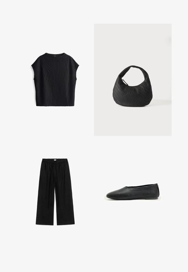 Zwart T-shirt met korte mouwen, met een textuur van golfpatroon, ronde halslijn en een losse pasvorm met een rechte zoom. Zachte, lichte stof.; Zwarte wijde broek met elastische tailleband, losse pasvorm en enkellengte, plat gelegd op een witte achtergrond.; Zwarte leren platte schoen met ronde neus en lage hak, ontworpen voor casual of formeel gebruik.; Zwarte geweven leren handtas met een gebogen handvat en een maansikkelvormig lichaam, weergegeven op een eenvoudige witte achtergrond.