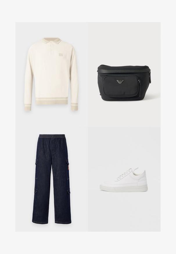 Beige poloshirt met lange mouwen van een gestructureerde tricot, een geknoopt kraagje en strepen aan de zoom en manchetten. Heeft een subtiel merklogo op de borst.; Donkerblauwe denim cargo broek met een relaxte fit, voorzien van een elastische tailleband, zijzakken en contrasterende stiksels.; Witte leren sneaker met een afgeronde neus, platte zool en veters aan de voorkant. Voorzien van stikseldetails en een gevoerde kraag voor comfort.; Zwarte heuptas met voorvak met rits en zilveren adelaarlogo, gladde stof met gestructureerde afwerking en ritstrekker.