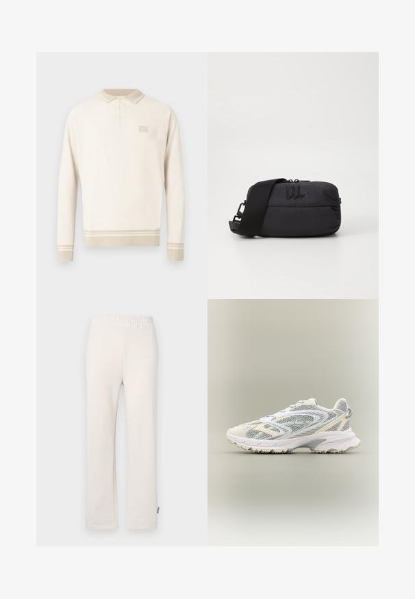 Beige langärmeliges Poloshirt aus strukturiertem Strick mit einem geknöpften Kragen sowie Streifen am Saum und an den Bündchen. Verfügt über dezente Markenkennzeichnung auf der Brust.; Beige Baumwoll-Sweatpants mit elastischem Bund und besticktem Logo. Gerades Bein-Design mit glatter Textur und dezenten Nähten.; Weißer Sportschuh mit grauen Netzpaneelen, strukturierten Überzügen, einem gepolsterten Kragen und einer Gummisohle mit kleinen Traktionsspikes.; Schwarze Nylon-Schultertasche mit glatter Textur, Reißverschlussverschluss, verstellbarem Tragegurt und geprägtem Logo-Detail auf der Vorderseite.
