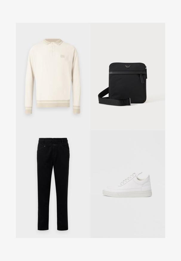 Beige langærmet polo med tekstureret knit, knappet krave og striber ved kant og manchetter. Har diskret branding på brystet.; Sorte denimbukser med straight-leg design, der har knaplukning, fem lommestyle og en glat tekstur.; Hvid lædersneaker med rundet tå, flad sål og snørebånd foran. Har syningsdetaljer og polstret krave for komfort.; Sort firkantet skuldertaske med lynlås, frontlomme og justerbar rem med præget brandnavn.