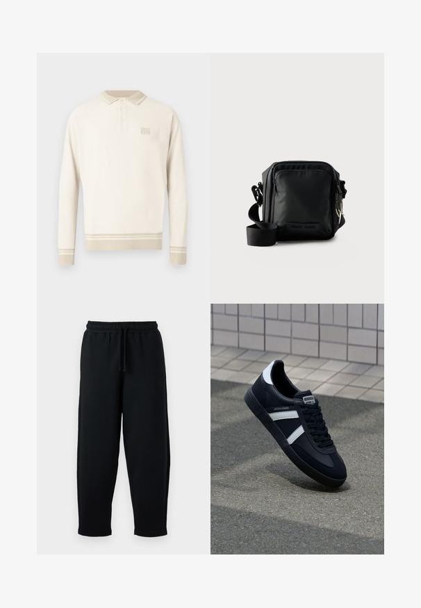 Beige poloshirt met lange mouwen van een gestructureerde tricot, een geknoopt kraagje en strepen aan de zoom en manchetten. Heeft een subtiel merklogo op de borst.; Zwarte trainingsbroek met elastische tailleband en trekkoord. Gemaakt van zachte stof, met een ontspannen pasvorm en taps toelopend ontwerp.; Zwarte leren sneaker met witte strepen, een gestructureerde rubberen zool en vetersluiting aan de voorkant. Voorzien van een merklabel op de tong.; Zwarte compacte crossbodytas met voorvak met rits, verstelbare riem en gestructureerde stof tegen een effen achtergrond.