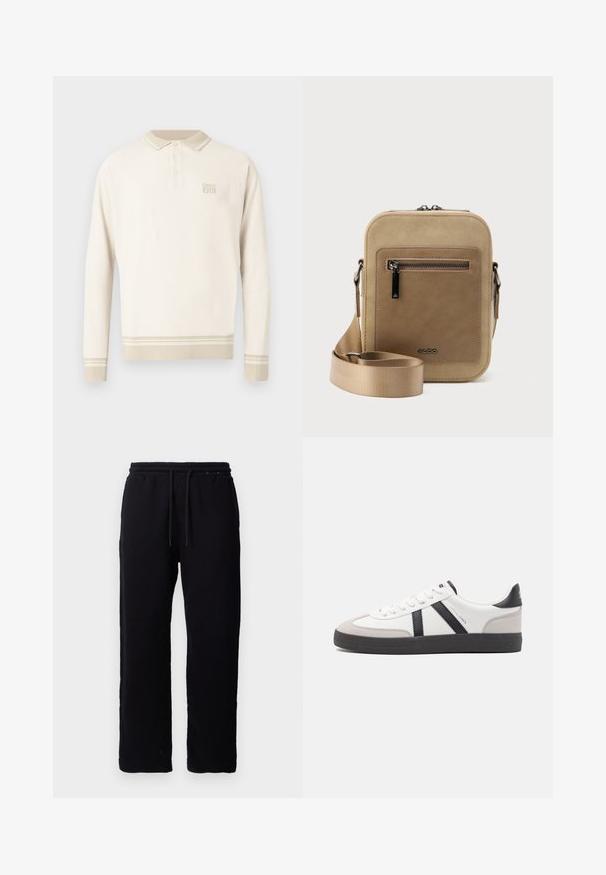 Polo de manga larga de color beige con tejido de punto texturizado, cuello con botones y rayas en el dobladillo y los puños. Presenta una sutil marca en el pecho.; Pantalones de chándal negros de algodón, con una cinturilla elástica con cordones, diseño de pierna recta y sin patrones ni acentos visibles.; Zapatilla blanca con acentos en negro y gris, que presenta una puntera texturizada en gris, suela de goma negra y cordones planos blancos. Diseño limpio, estilo minimalista.; Bolso pequeño beige tipo bandolera con bolsillo frontal con cremallera, logo metálico de ALDO, correa ancha ajustable y forma rectangular redondeada sobre fondo blanco.