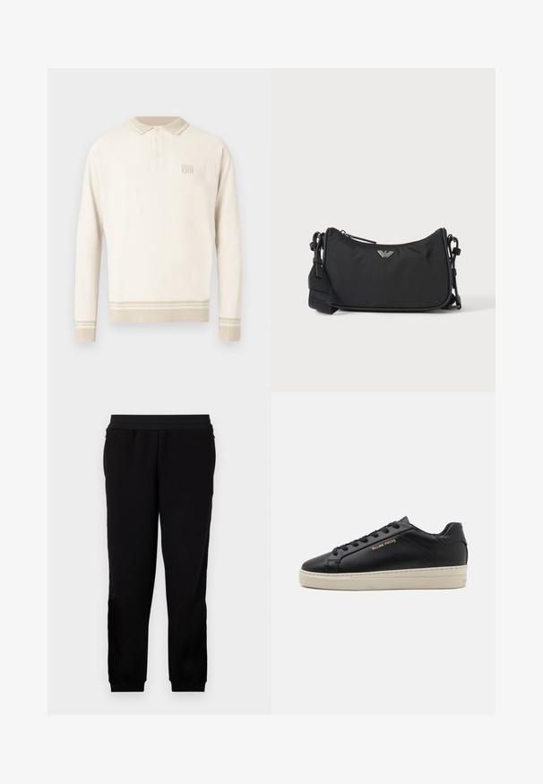 Beige poloshirt met lange mouwen van een gestructureerde tricot, een geknoopt kraagje en strepen aan de zoom en manchetten. Heeft een subtiel merklogo op de borst.; Zwarte sportbroek gemaakt van zachte stof, met een elastische tailleband, getailleerde manchetten en zijzakken voor extra gemak.; Zwarte leren sneaker met een gladde afwerking, contrasterende crèmekleurige zool, ronde neus, gouden logo aan de zijkant en zes gaatjes voor veters.; Zwarte rechthoekige crossbodytas met zilveren merklogo-embleem en verstelbare band op een lichte achtergrond.