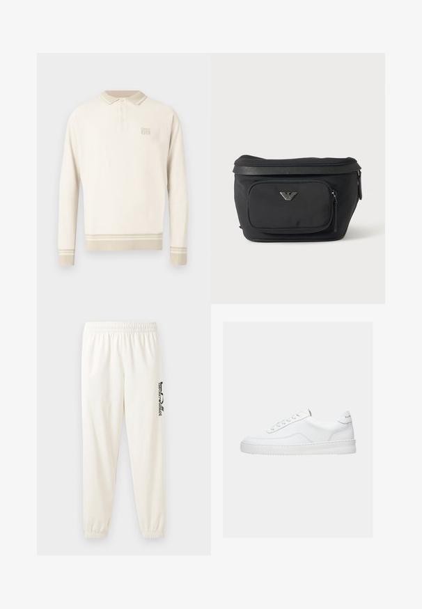 Beige langærmet polo med tekstureret knit, knappet krave og striber ved kant og manchetter. Har diskret branding på brystet.; Lys beige sweatpants med elastisk talje og elastiske manchetter. Har et sort trykt logo på venstre ben. Blød stofstruktur.; Hvid lavt sneaker med snørelukning, glat læderoverdel og tyk sål, vist fra siden på en ensfarvet baggrund.; Sort bæltetaske med frontlynlåslomme og sølv ørn-logo, glat stof med tekstureret kant og lynlåstræk.
