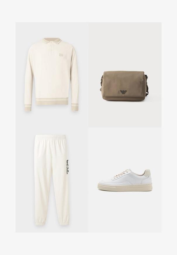 Polo de manga larga de color beige con tejido de punto texturizado, cuello con botones y rayas en el dobladillo y los puños. Presenta una sutil marca en el pecho.; Pantalones deportivos de un color beige claro con cinturilla elástica y puños elásticos. Presenta un logo negro impreso en la pierna izquierda. Textura de tela suave.; Zapatilla blanca con parte superior de cuero suave, cordones beige y un tirador de talón de ante beige texturizado. Suela elevada para mayor altura.; Bolso bandolera rectangular color topo con cierre de solapa y pequeño emblema de logo metálico centrado en el frente sobre un fondo blanco.
