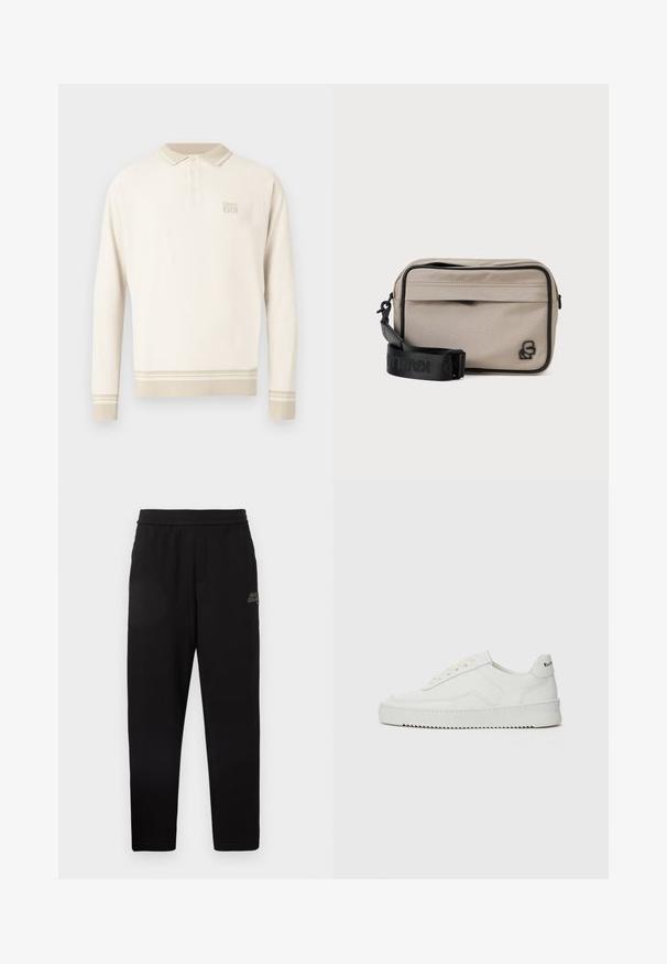 Beige langärmeliges Poloshirt aus strukturiertem Strick mit einem geknöpften Kragen sowie Streifen am Saum und an den Bündchen. Verfügt über dezente Markenkennzeichnung auf der Brust.; Schwarze tapered Sweathosen mit elastischem Bund und kleinem aufgedrucktem Logo am oberen linken Oberschenkel.; Weiße Ledersneaker mit glatter Oberfläche, runder Zehenpartie, flachen Schnürsenkeln und strukturiertem Sohlenprofil. Mit einem dezenten Logo an der Ferse.; Beige rechteckige Umhängetasche mit schwarzem Reißverschluss, Logodetail und verstellbarem Tragegurt. Glattes Textilmaterial, minimalistisches Design.