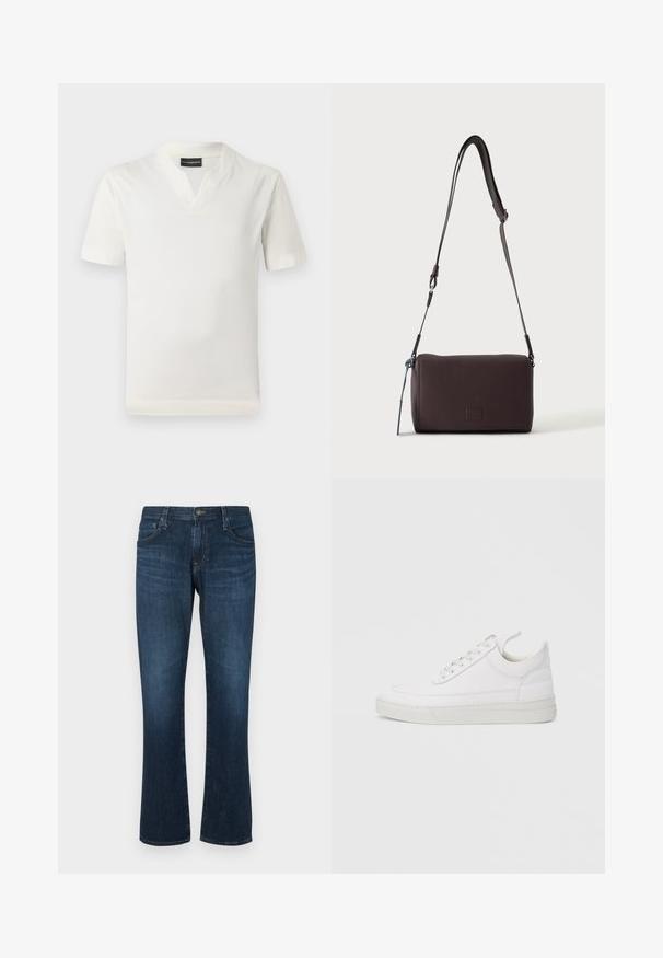 Witte t-shirt met korte mouwen en een v-hals ontwerp, gemaakt van een zachte stof. Eenvoudige, rechte snit zonder patronen of extra accenten.; Donkerblauwe denim jeans met een rechte pijp, vijf zakken en een metalen knoopsluiting. Glad materiaal met subtiele vervaging.; Witte leren sneaker met een afgeronde neus, platte zool en veters aan de voorkant. Voorzien van stikseldetails en een gevoerde kraag voor comfort.; Donkerbruine gestructureerde leren crossbodytas met verstelbare riem en klein decoratief blauw accent aan de zijkant.