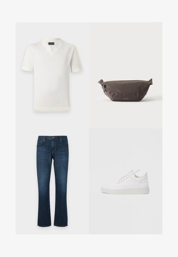 Witte t-shirt met korte mouwen en een v-hals ontwerp, gemaakt van een zachte stof. Eenvoudige, rechte snit zonder patronen of extra accenten.; Donkerblauwe denim jeans met een rechte pijp, vijf zakken en een metalen knoopsluiting. Glad materiaal met subtiele vervaging.; Witte leren sneaker met een afgeronde neus, platte zool en veters aan de voorkant. Voorzien van stikseldetails en een gevoerde kraag voor comfort.; Donkerbruine stoffen heuptas met diagonale ritssluiting en klein wit logo aan de voorkant, tegen een effen lichte achtergrond.